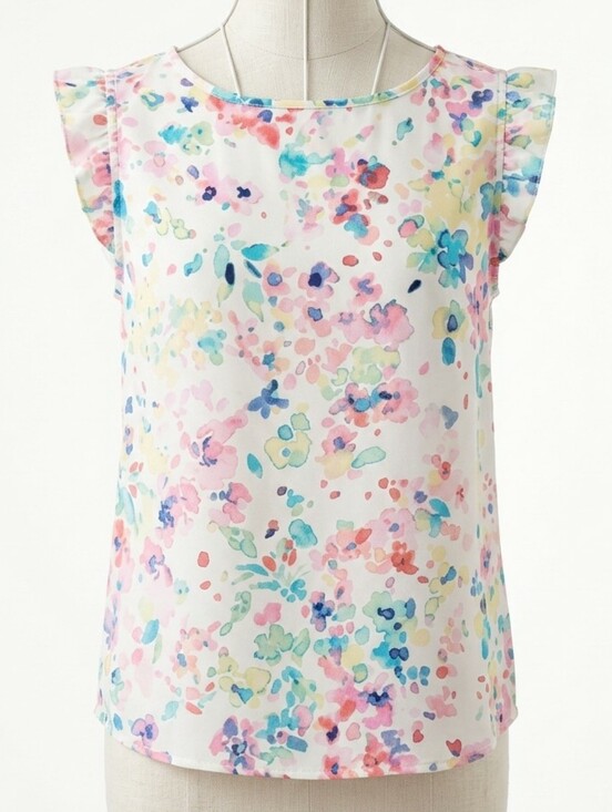 LC Lauren Conrad Tops - LC LAUREN CONRAD Sleeveless Blouse Watercolor Floral Ruffle Shoulders • MEDIUM